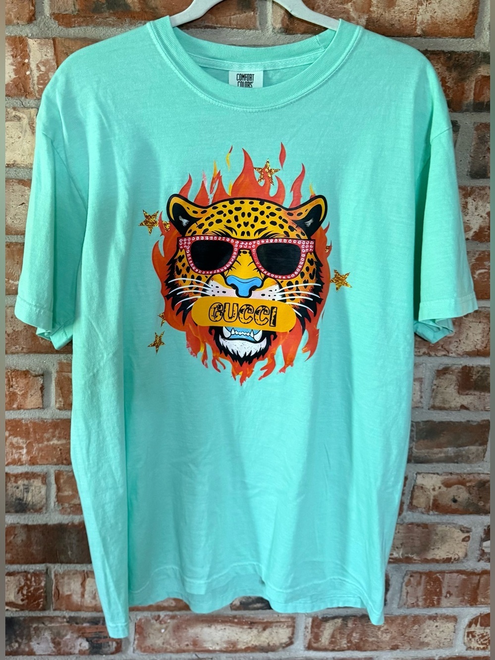Comfort Colors Mint Green Short Sleeve Tee with Flaming Leopard Graphic